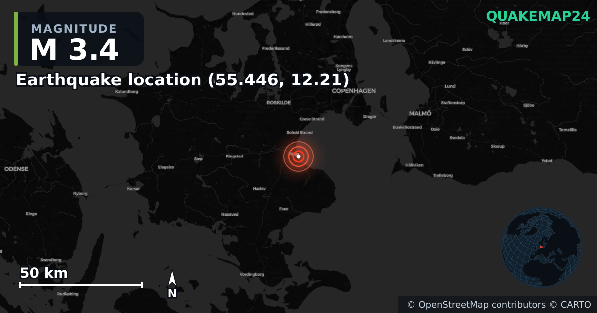 M3.4 earthquake near Deprem konumu (55.446, 12.21) on May 20, 2026 — map of epicenter and shaking intensity | QuakeMap24