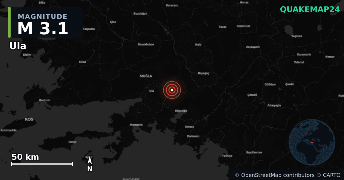 M3.1 earthquake near Ula on Oct 16, 2025 — map of epicenter and shaking intensity | QuakeMap24