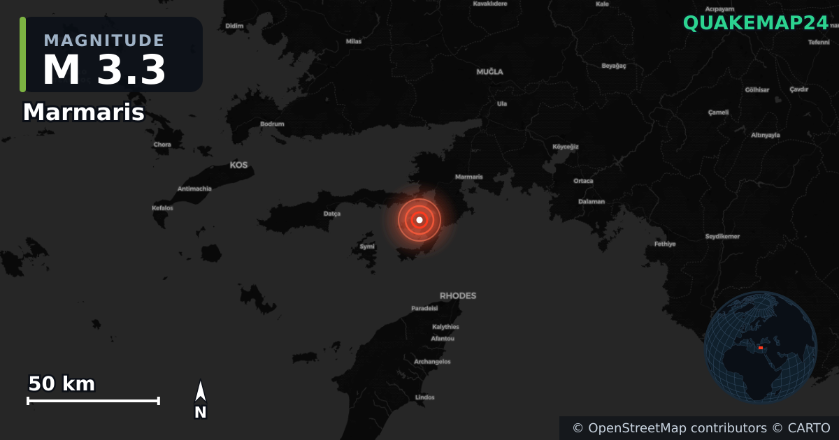 M3.3 earthquake near Marmaris on Nov 9, 2025 — map of epicenter and shaking intensity | QuakeMap24