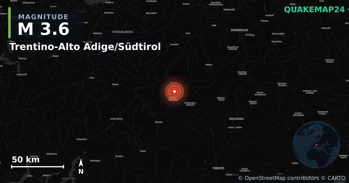 M3.6 earthquake near Trentino-Alto Adige/Südtirol on Sep 2, 2025 — map of epicenter and shaking intensity | QuakeMap24