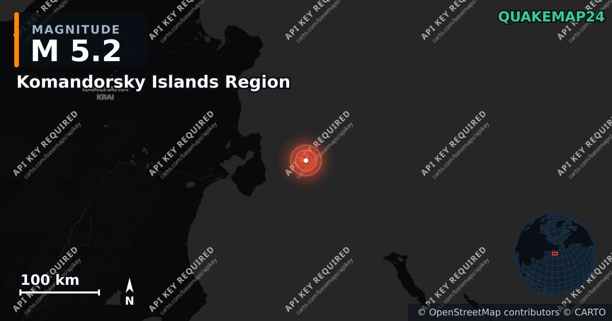 M5.2 earthquake near Komandorsky Islands Region on Jul 12, 2025 — map of epicenter and shaking intensity | QuakeMap24