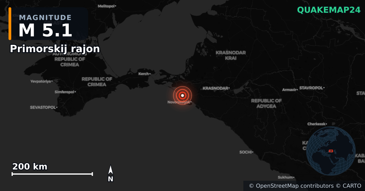 M5.1 earthquake near Primorskij rajon on Feb 9, 2026 — map of epicenter and shaking intensity | QuakeMap24