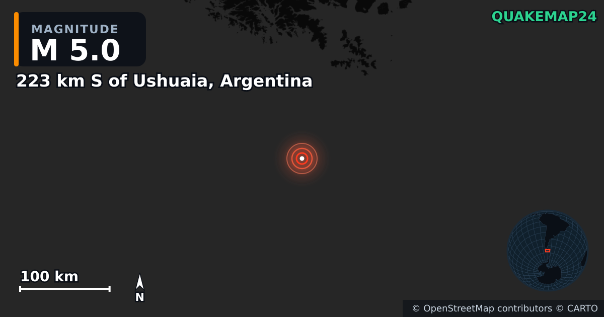 223 km S of Ushuaia, Argentina yakınında M5,0 deprem — Deprem merkez üssünün konumunu gösteren harita