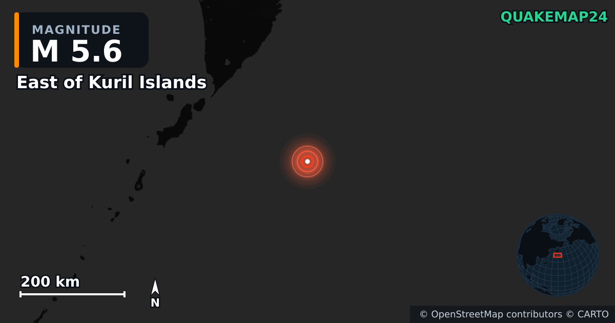 M5.6 earthquake near East of Kuril Islands on Oct 3, 2025 — map of epicenter and shaking intensity | QuakeMap24