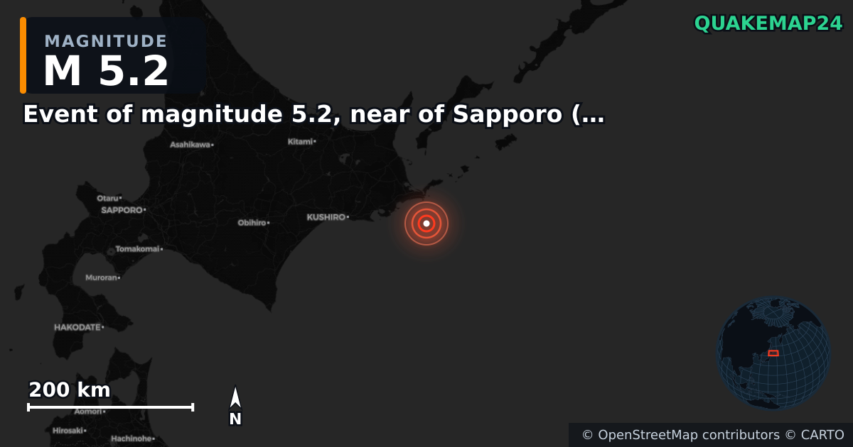 Terremoto de M5,2 cerca de Event of magnitude 5.2, near of Sapporo (Monde) — Mapa de la ubicación del epicentro
