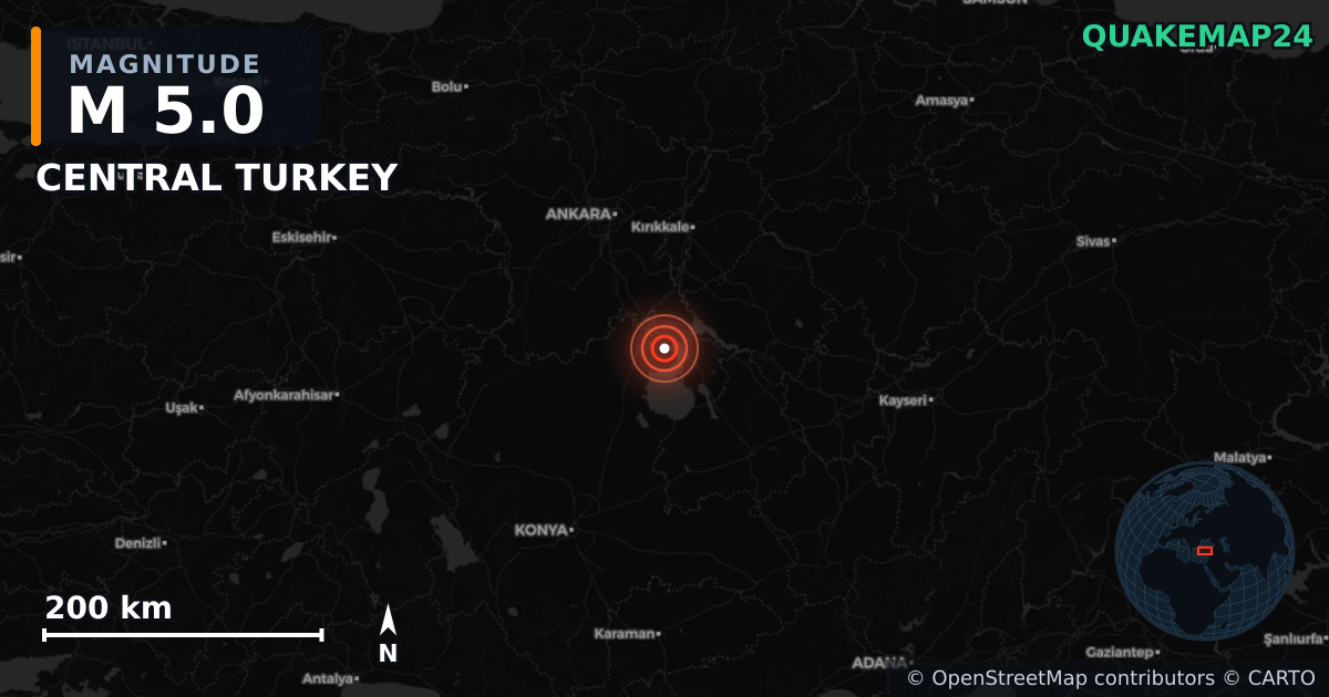 M5.0 earthquake near CENTRAL TURKEY on May 15, 2025 — map of epicenter and shaking intensity | QuakeMap24