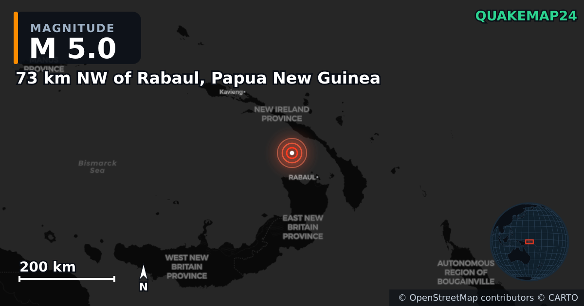M5.0 earthquake near 73 km NW of Rabaul, Papua New Guinea on Jan 5, 2025 — map of epicenter and shaking intensity | QuakeMap24