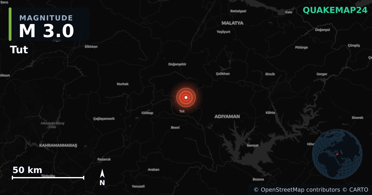 M3.0 earthquake near Tut on Jun 2, 2025 — map of epicenter and shaking intensity | QuakeMap24
