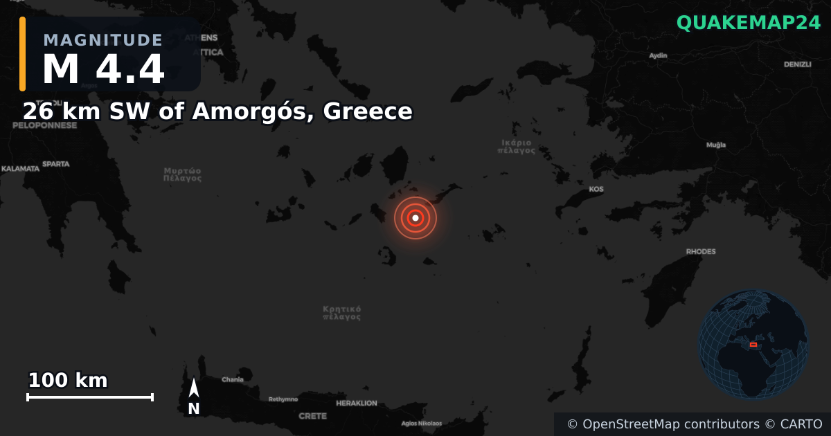 M4.4 earthquake near 26 km SW of Amorgós, Greece on Feb 3, 2025 — map of epicenter and shaking intensity | QuakeMap24