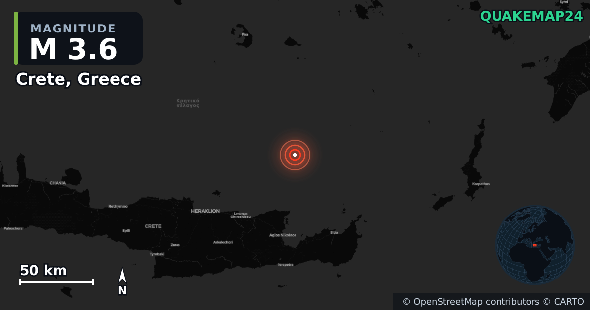 M3.6 earthquake near Crete, Greece on Sep 5, 2025 — map of epicenter and shaking intensity | QuakeMap24