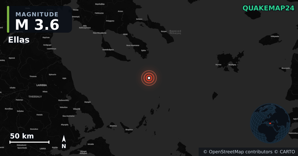 M3.6 earthquake near Ellas on Feb 22, 2026 — map of epicenter and shaking intensity | QuakeMap24