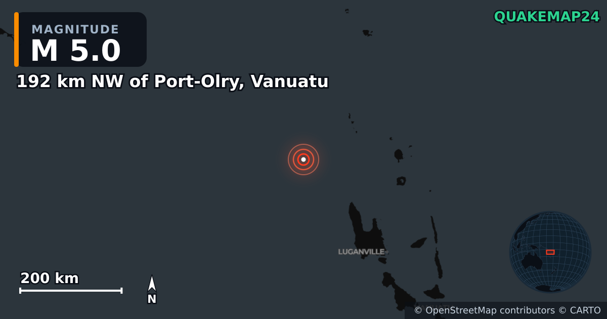 Σεισμός M5,0 κοντά στο 192 km NW of Port-Olry, Vanuatu · 2026-10-24 — Χάρτης της θέσης του επικέντρου