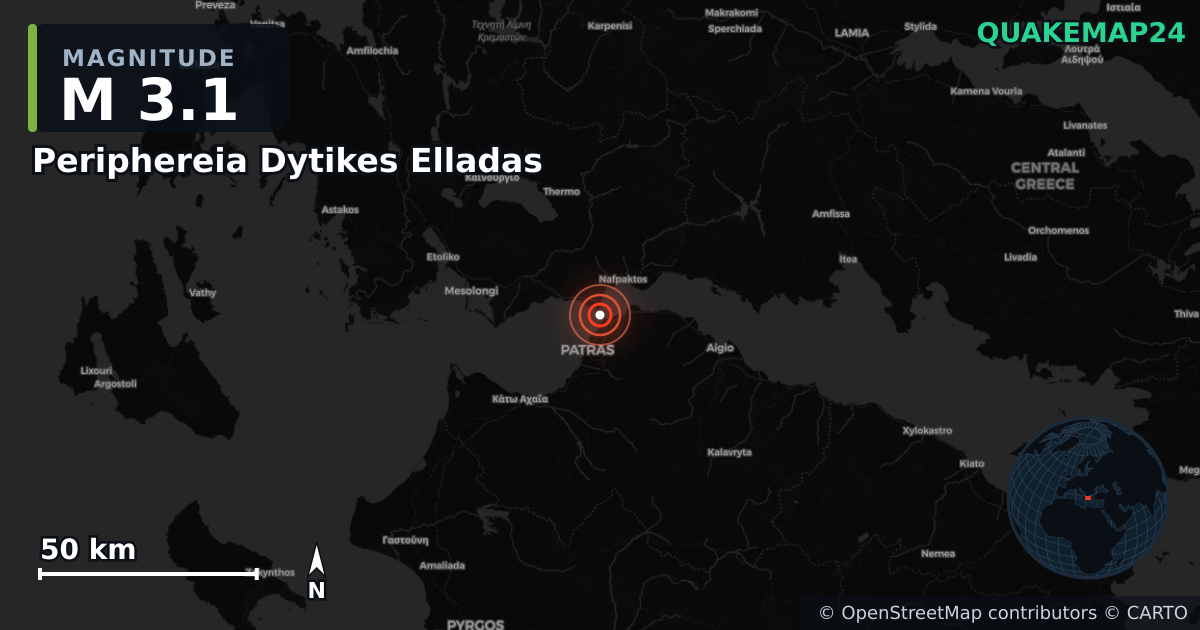 M3.1 earthquake near Periphereia Dytikes Elladas on Dec 11, 2025 — map of epicenter and shaking intensity | QuakeMap24