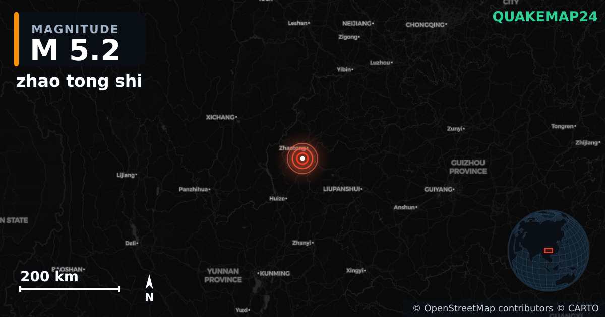 M5.2 earthquake near zhao tong shi on Jan 19, 2026 — map of epicenter and shaking intensity | QuakeMap24