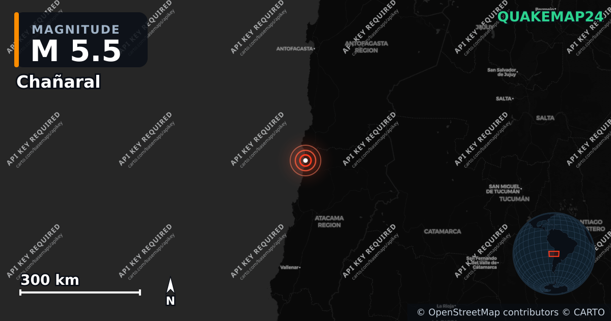 M5.5 earthquake near Chañaral on Feb 18, 2025 — map of epicenter and shaking intensity | QuakeMap24