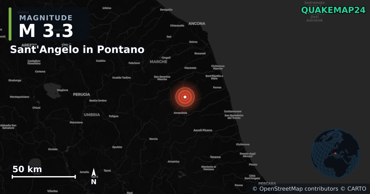 M3.3 earthquake near Sant'Angelo in Pontano on Jan 16, 2026 — map of epicenter and shaking intensity | QuakeMap24
