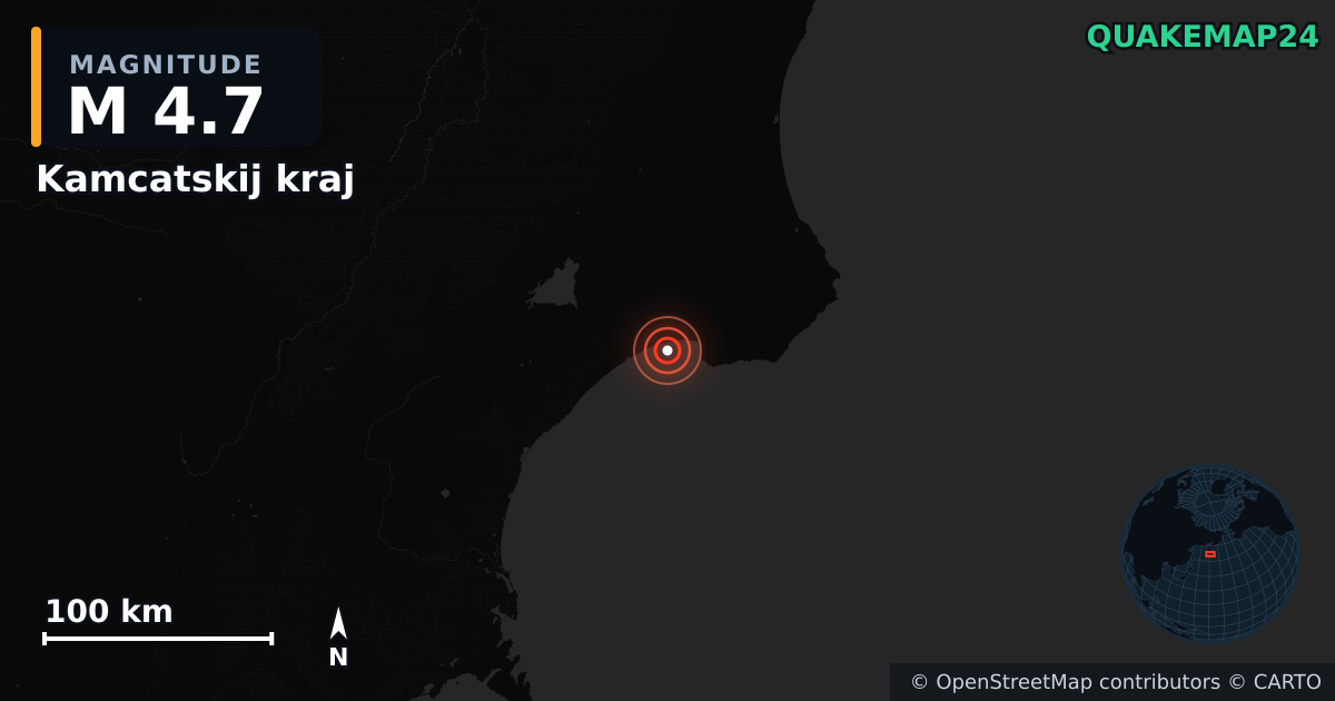 M4.7 earthquake near Kamcatskij kraj on Jul 5, 2025 — map of epicenter and shaking intensity | QuakeMap24