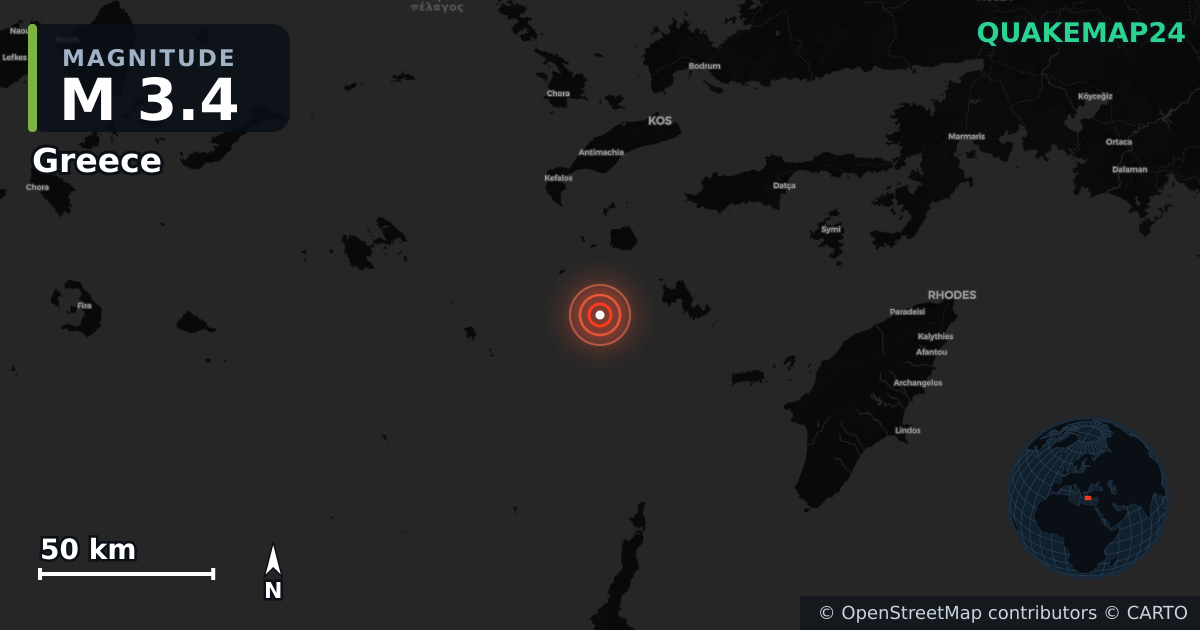 M3.4 earthquake near Greece on Jul 29, 2026 — map of epicenter and shaking intensity | QuakeMap24