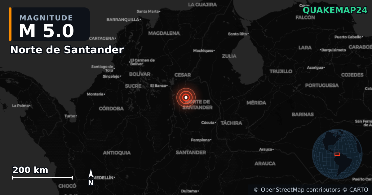 M5.0 earthquake near Norte de Santander on Aug 28, 2025 — map of epicenter and shaking intensity | QuakeMap24