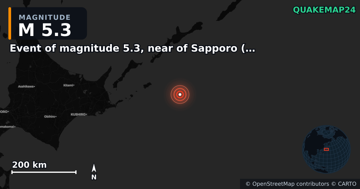 M5.3 earthquake near Event of magnitude 5.3, near of Sapporo (Monde) on Dec 17, 2025 — map of epicenter and shaking intensity | QuakeMap24
