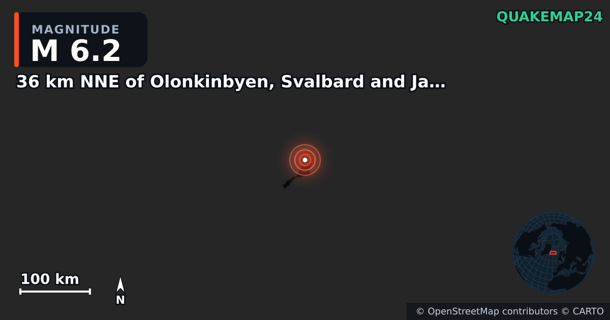 M6.2 earthquake near 36 km NNE of Olonkinbyen, Svalbard and Jan Mayen on Mar 10, 2025 — map of epicenter and shaking intensity | QuakeMap24