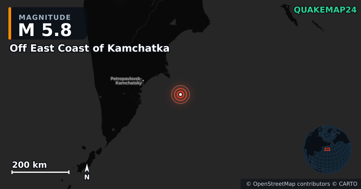 M5.8 earthquake near Off East Coast of Kamchatka on Jul 30, 2025 — map of epicenter and shaking intensity | QuakeMap24