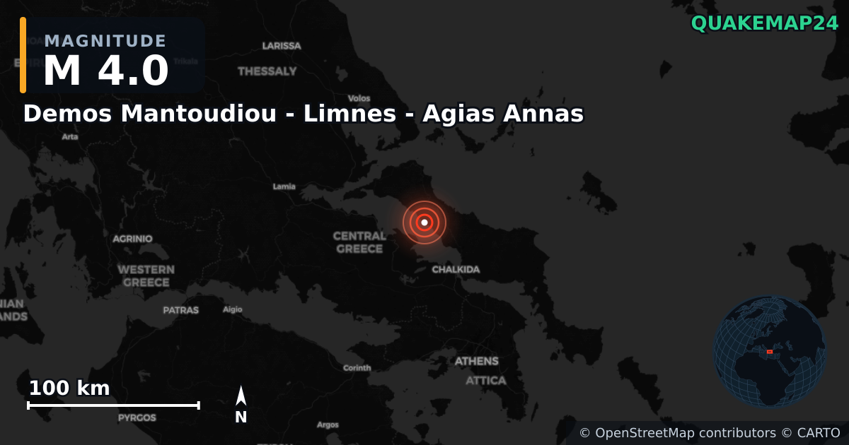 M4.0 earthquake near Demos Mantoudiou - Limnes - Agias Annas on Jun 8, 2026 — map of epicenter and shaking intensity | QuakeMap24