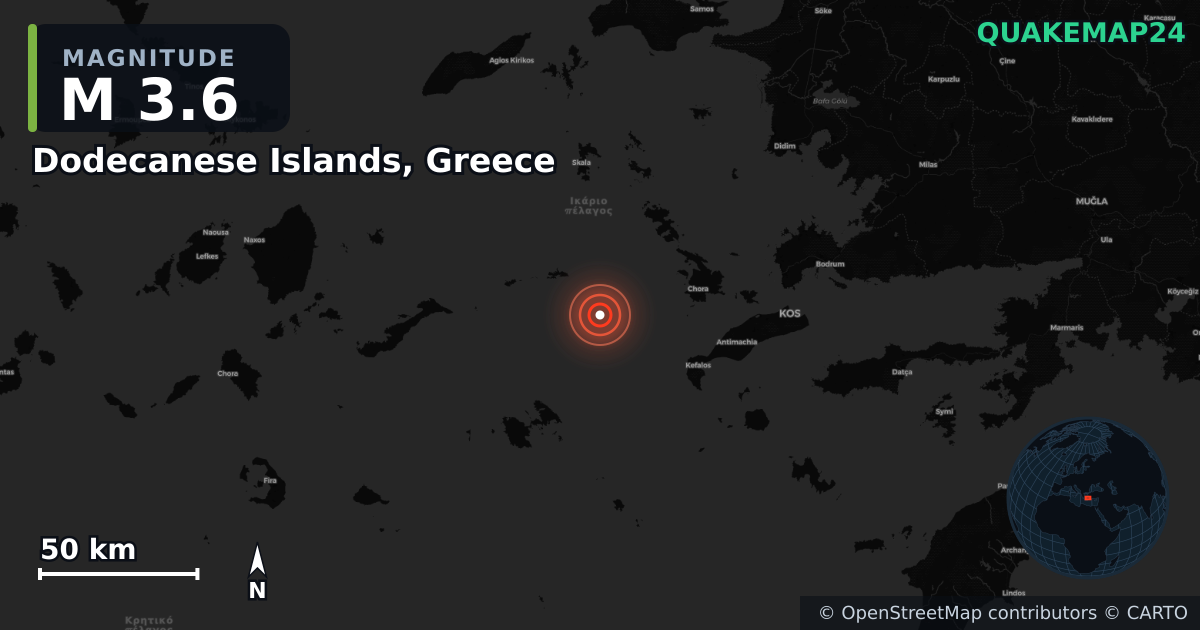 M3.6 earthquake near Dodecanese Islands, Greece on Nov 25, 2025 — map of epicenter and shaking intensity | QuakeMap24