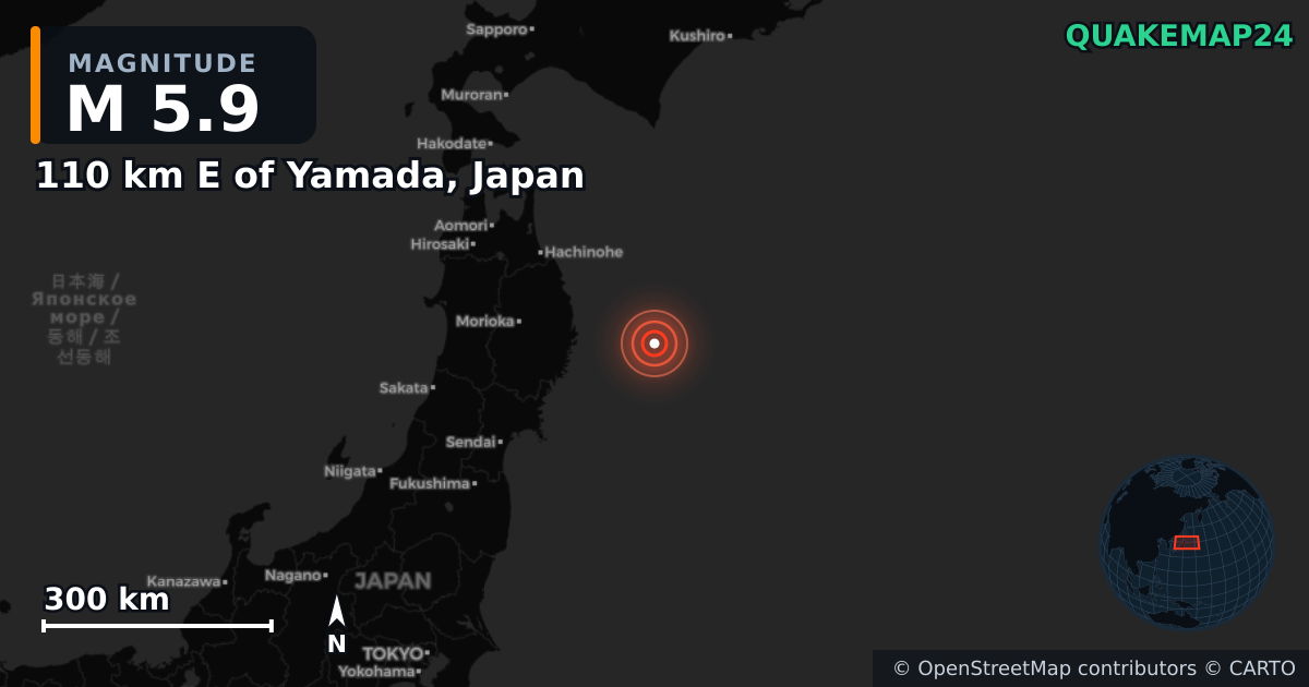 M5.9 earthquake near 110 km E of Yamada, Japan on Mar 8, 2026 — map of epicenter and shaking intensity | QuakeMap24