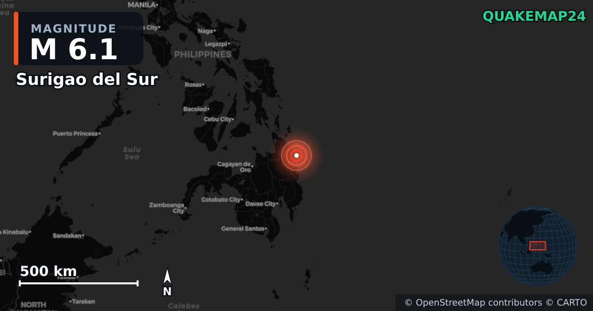 M6.1 earthquake near Surigao del Sur on Oct 11, 2025 — map of epicenter and shaking intensity | QuakeMap24