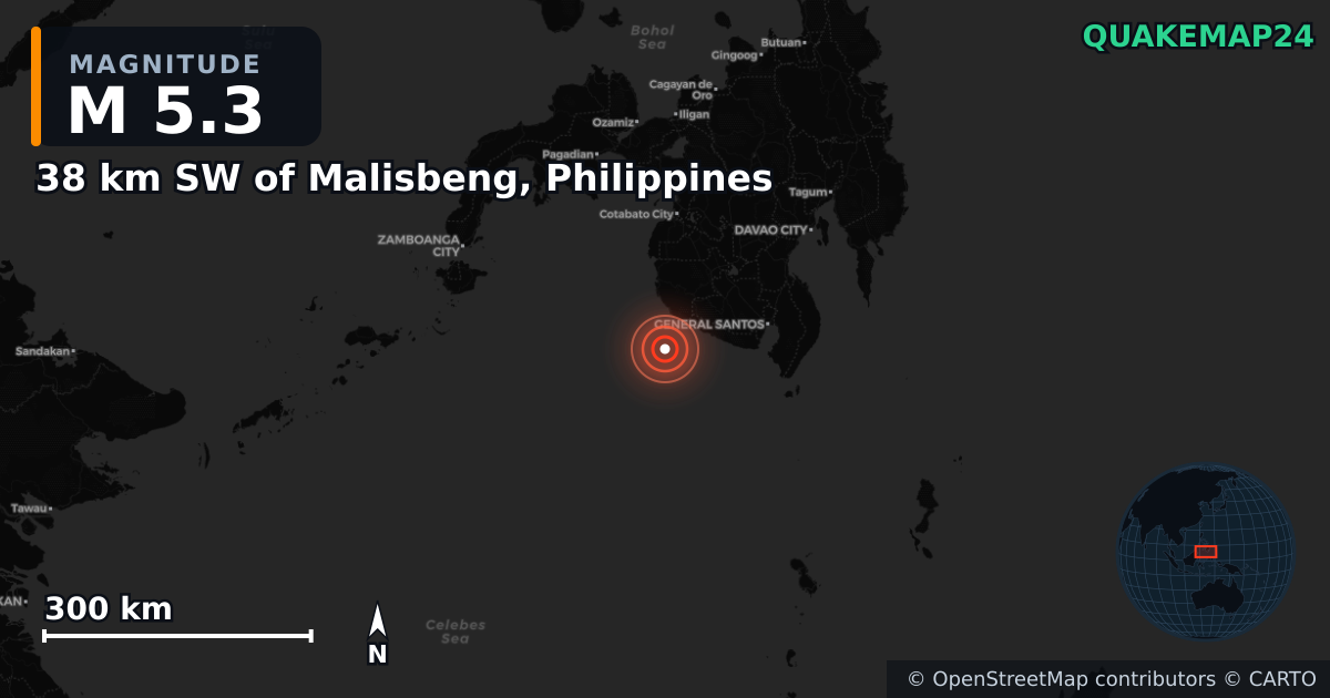 M5.3 earthquake near 38 km SW of Malisbeng, Philippines on Apr 19, 2025 — map of epicenter and shaking intensity | QuakeMap24