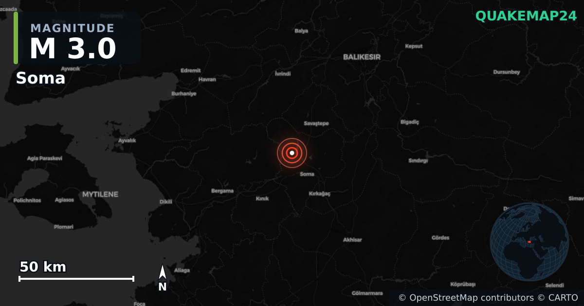 M3.0 earthquake near Soma on Jan 16, 2026 — map of epicenter and shaking intensity | QuakeMap24