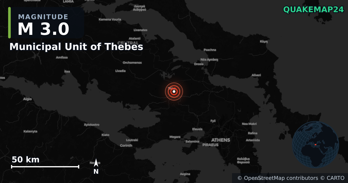 Σεισμός M3,0 κοντά στο Municipal Unit of Thebes, Central Greece (Ελλάδα) · 2026-10-11 — Χάρτης της θέσης του επικέντρου
