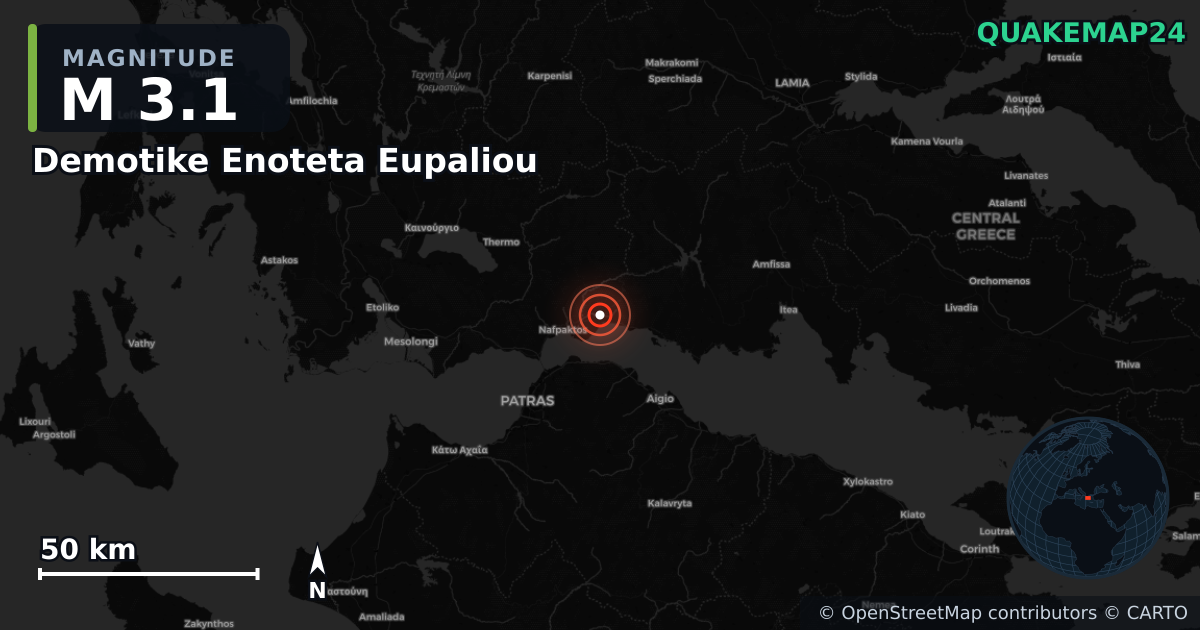 M3.1 earthquake near Demotike Enoteta Eupaliou on Feb 22, 2026 — map of epicenter and shaking intensity | QuakeMap24