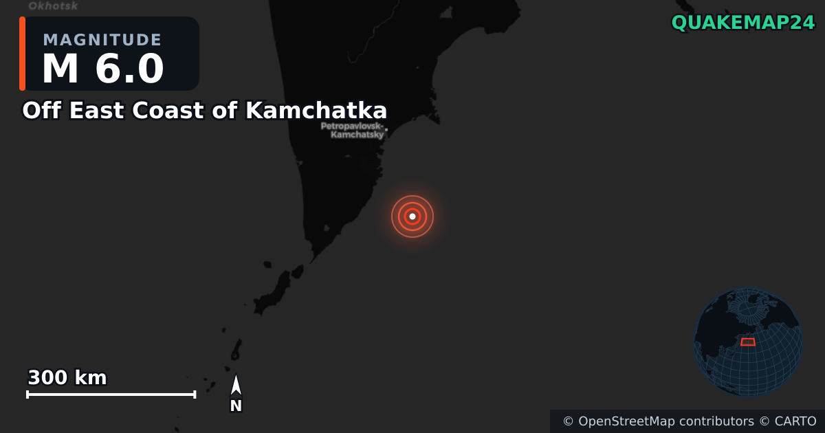 M6.0 earthquake near Off East Coast of Kamchatka on Mar 8, 2026 — map of epicenter and shaking intensity | QuakeMap24