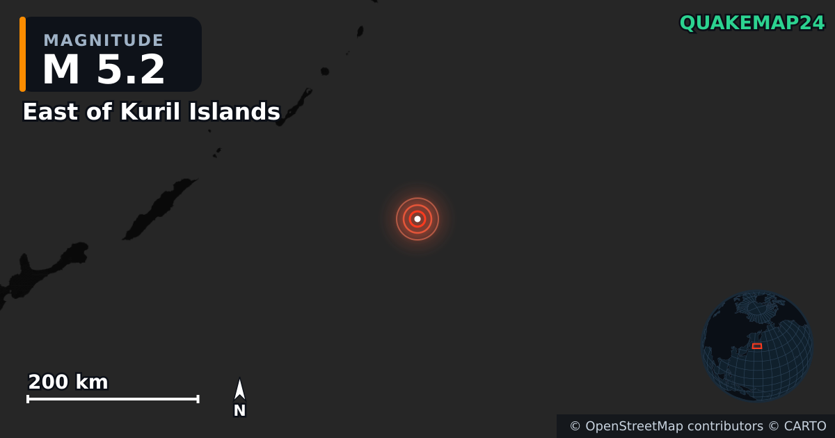 M5.2 earthquake near East of Kuril Islands on Aug 15, 2025 — map of epicenter and shaking intensity | QuakeMap24