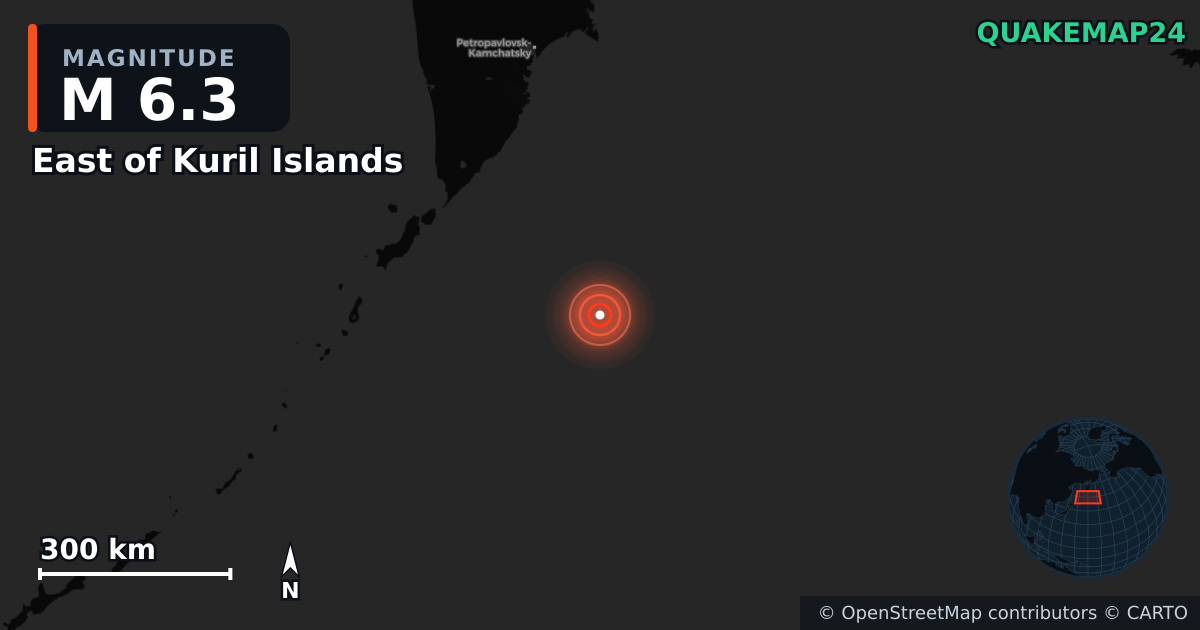 M6.3 earthquake near East of Kuril Islands on Aug 25, 2025 — map of epicenter and shaking intensity | QuakeMap24