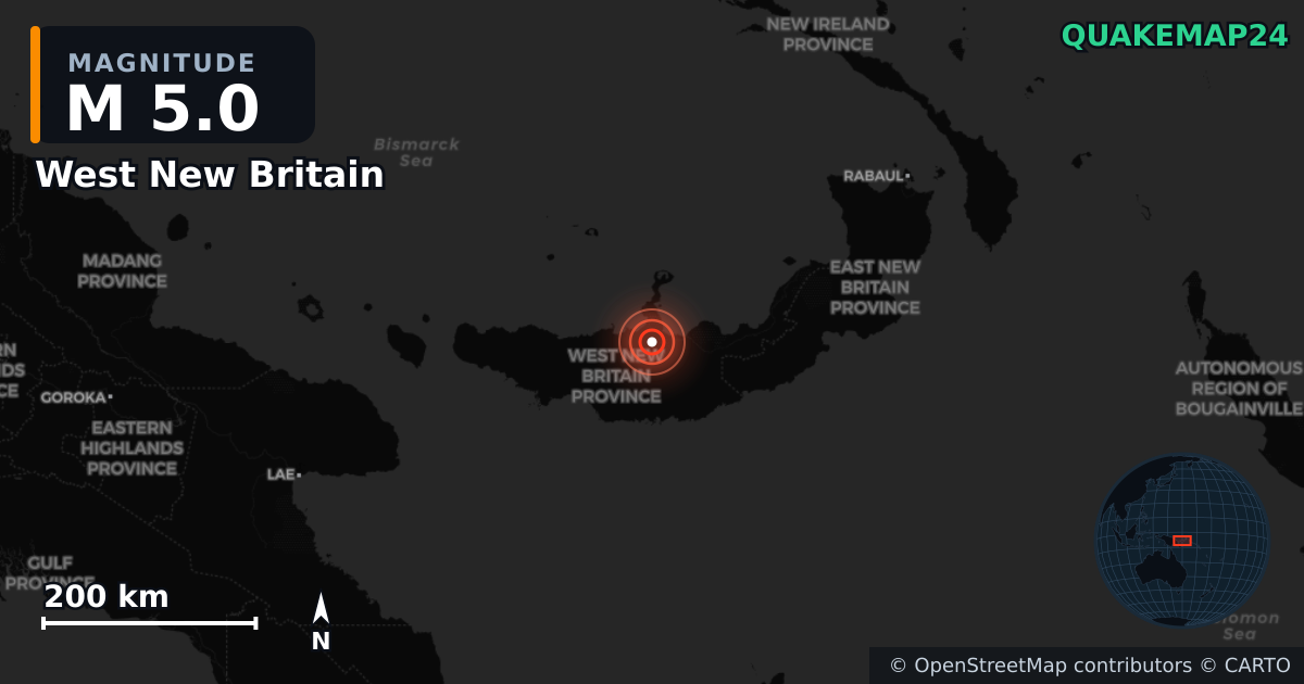 M5.0 earthquake near West New Britain on Jun 5, 2025 — map of epicenter and shaking intensity | QuakeMap24