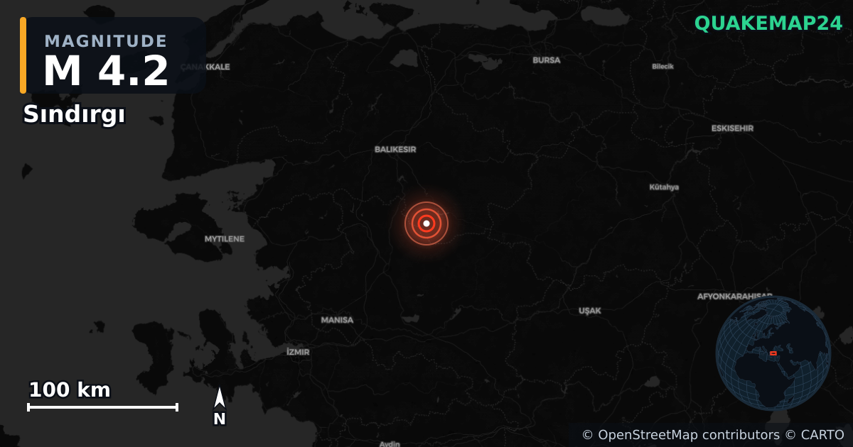 M4.2 earthquake near Sındırgı on Nov 11, 2025 — map of epicenter and shaking intensity | QuakeMap24