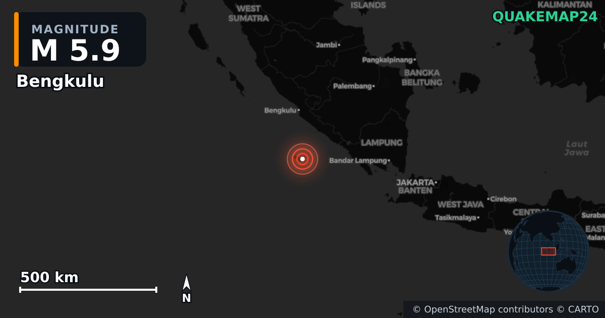 M5.9 earthquake near Bengkulu on Dec 27, 2025 — map of epicenter and shaking intensity | QuakeMap24