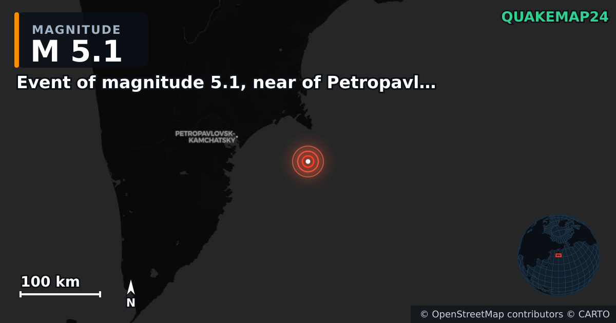M5.1 earthquake near Event of magnitude 5.1, near of Petropavlovsk Kamchatskiy (Monde) on Sep 30, 2025 — map of epicenter and shaking intensity | QuakeMap24