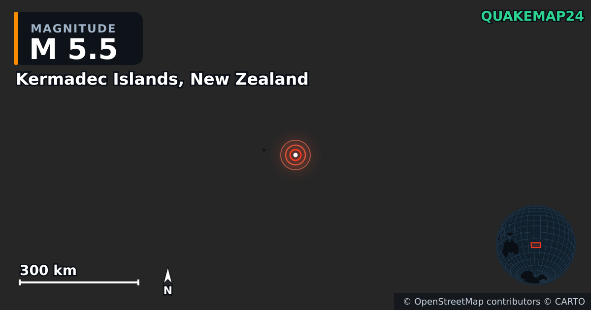 M5.5 earthquake near Kermadec Islands, New Zealand on Jan 26, 2026 — map of epicenter and shaking intensity | QuakeMap24