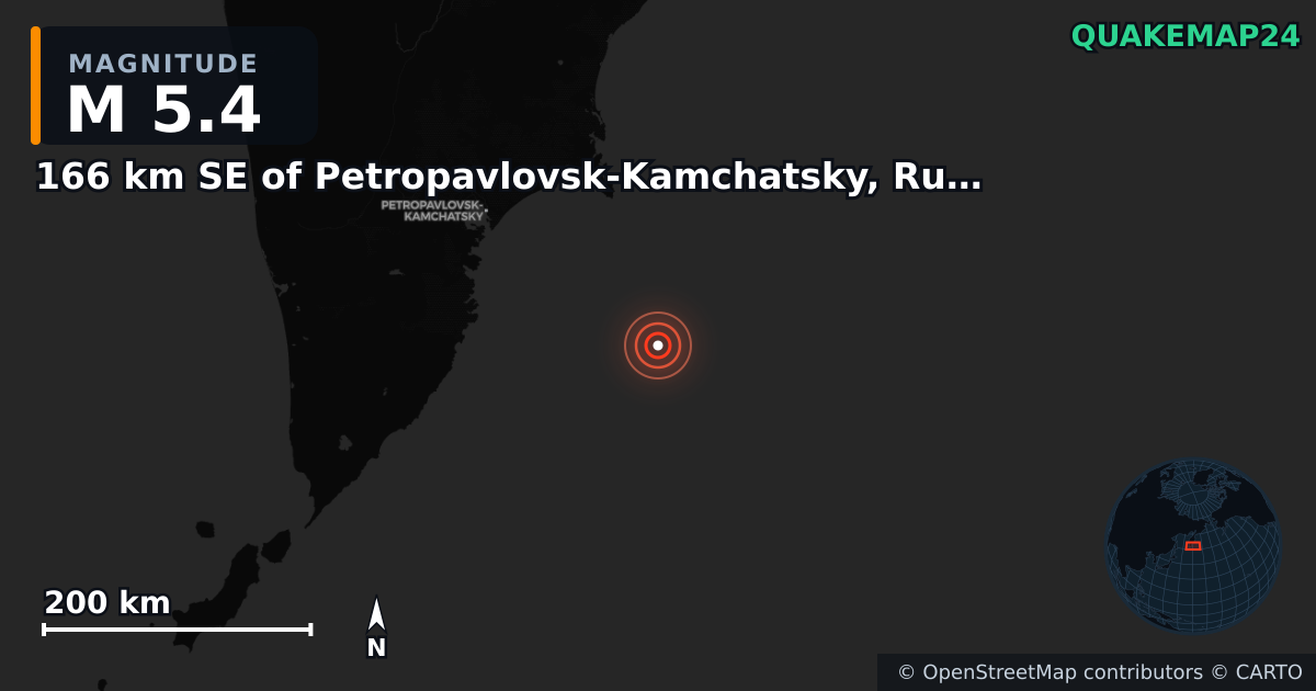 M5.4 earthquake near 166 km SE of Petropavlovsk-Kamchatsky, Russia on Aug 24, 2025 — map of epicenter and shaking intensity | QuakeMap24