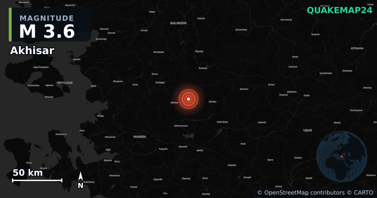Erdbeben M3,6 bei Akhisar, Manisa (Türkei) · 2026-09-09 — Karte der Lage des Epizentrums