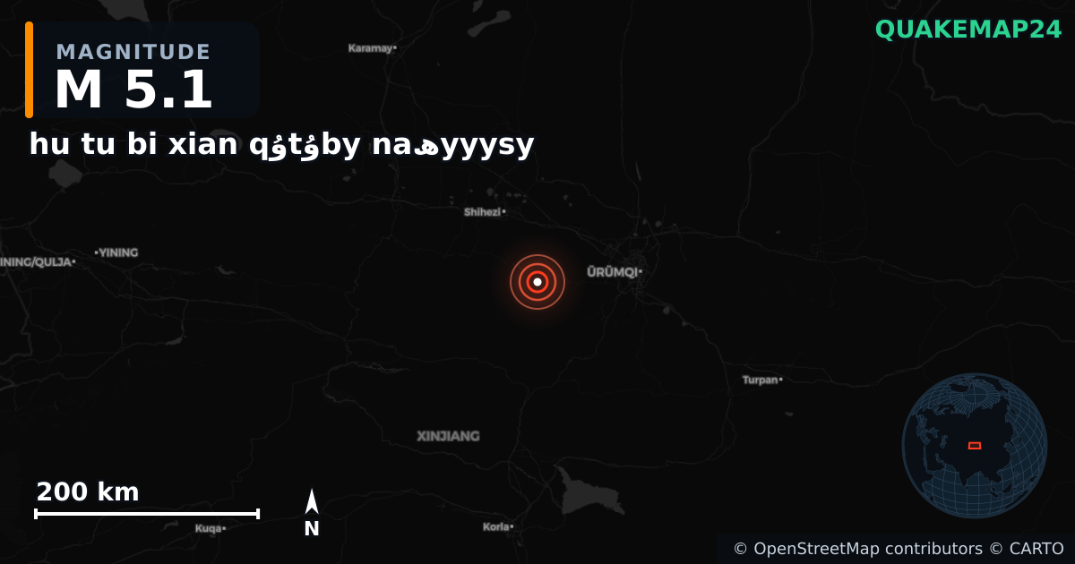 M5.1 earthquake near hu tu bi xian qۇtۇby naھyyysy on Mar 6, 2026 — map of epicenter and shaking intensity | QuakeMap24