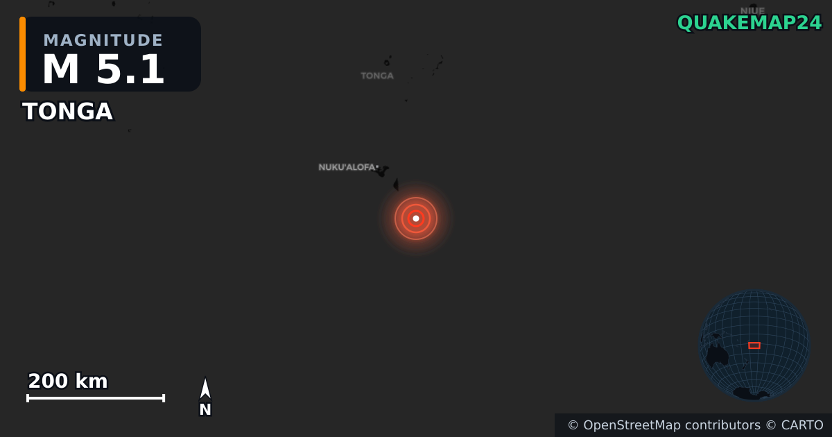 M5.1 earthquake near TONGA on Jan 26, 2026 — map of epicenter and shaking intensity | QuakeMap24