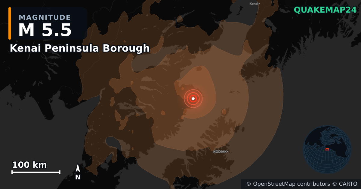 Σεισμός M5,5 κοντά στο Kenai Peninsula Borough, Alaska (Ηνωμένες Πολιτείες) · 2026-10-06 — Χάρτης της θέσης του επικέντρου