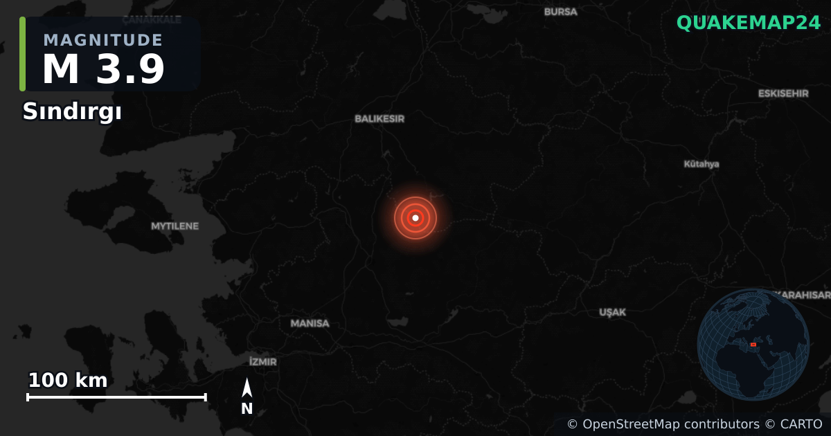 M3.9 earthquake near Sındırgı on Sep 1, 2025 — map of epicenter and shaking intensity | QuakeMap24
