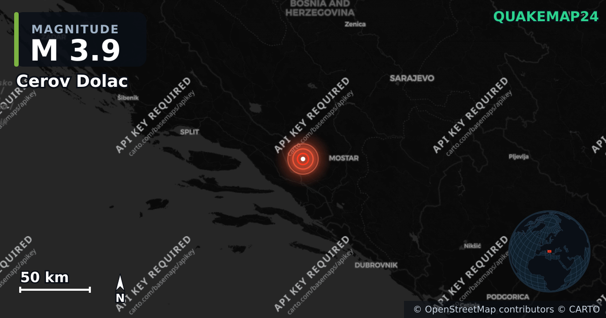 M3.9 earthquake near Cerov Dolac on Feb 23, 2026 — map of epicenter and shaking intensity | QuakeMap24