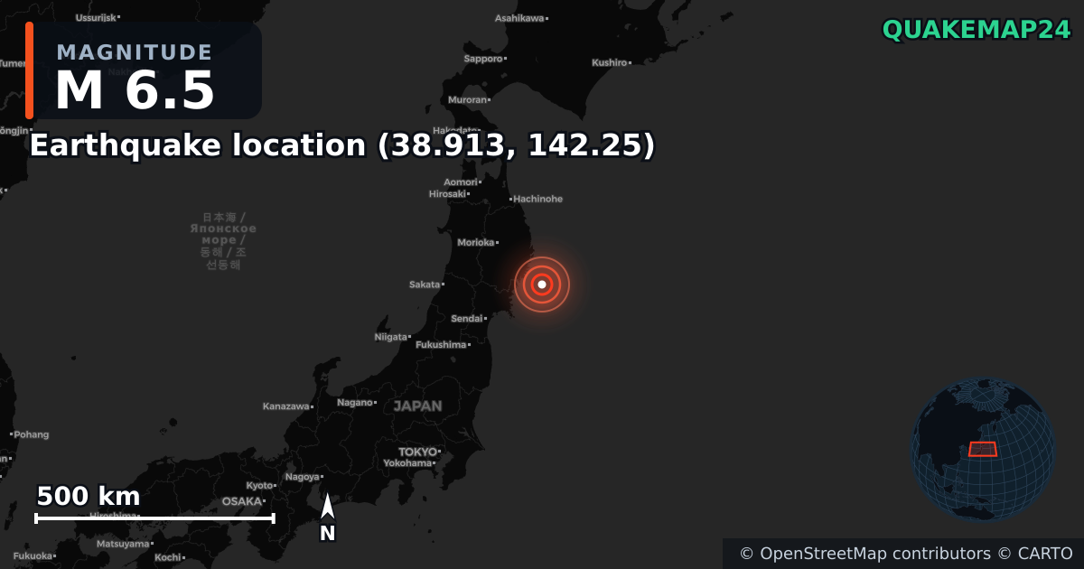 M6.5 earthquake near Deprem konumu (38.913, 142.25) on May 15, 2026 — map of epicenter and shaking intensity | QuakeMap24